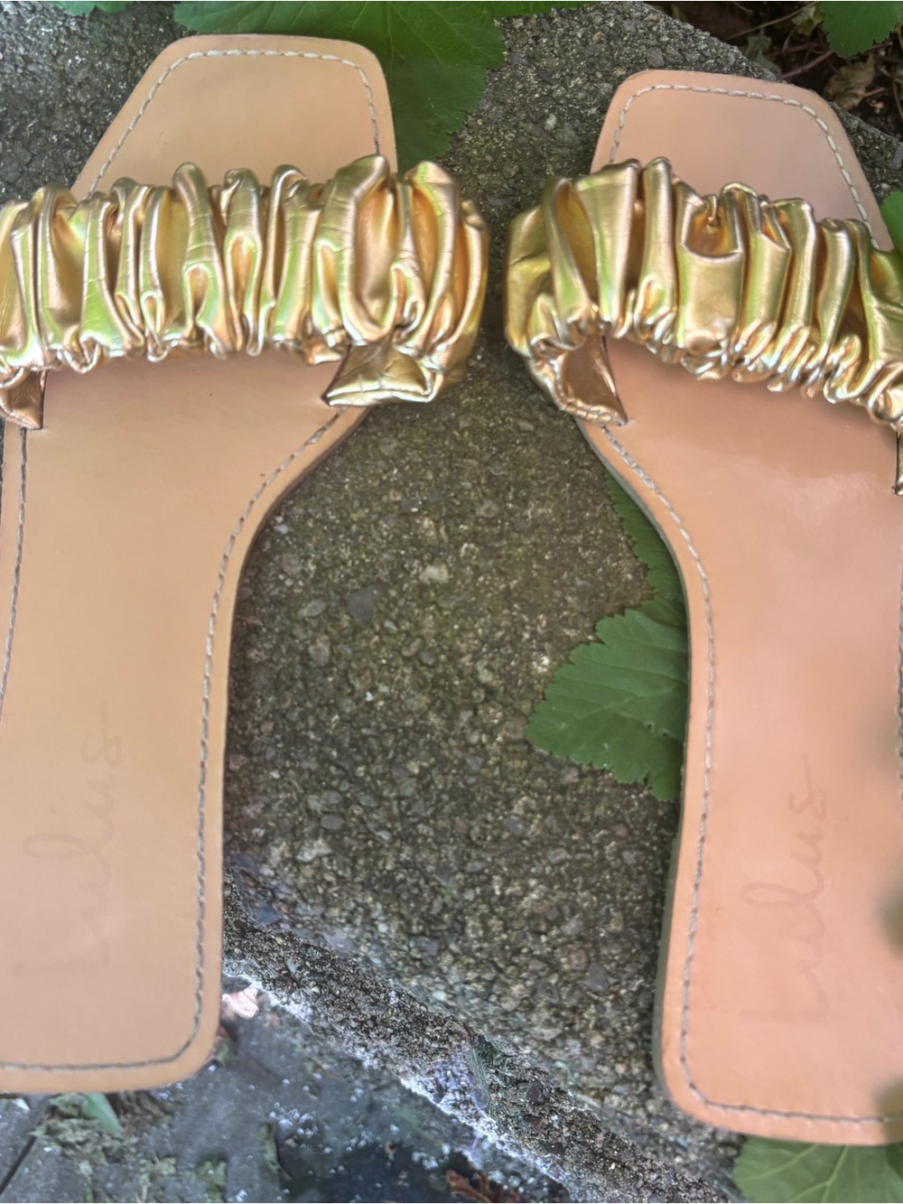 Lulu's Metallic Gold Ruched Slide Sandals - Picture 2 of 6